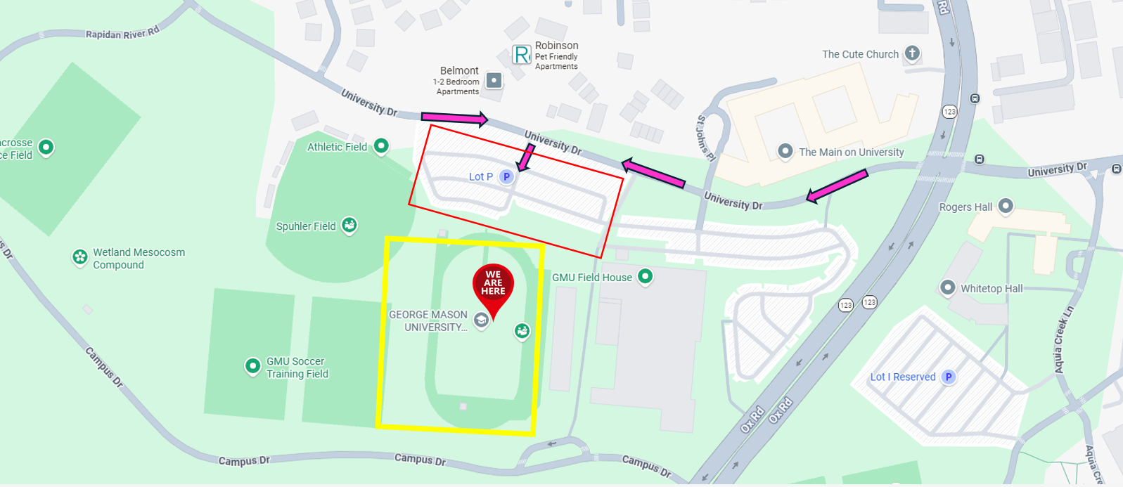 Map to Lot P parking at George Mason University